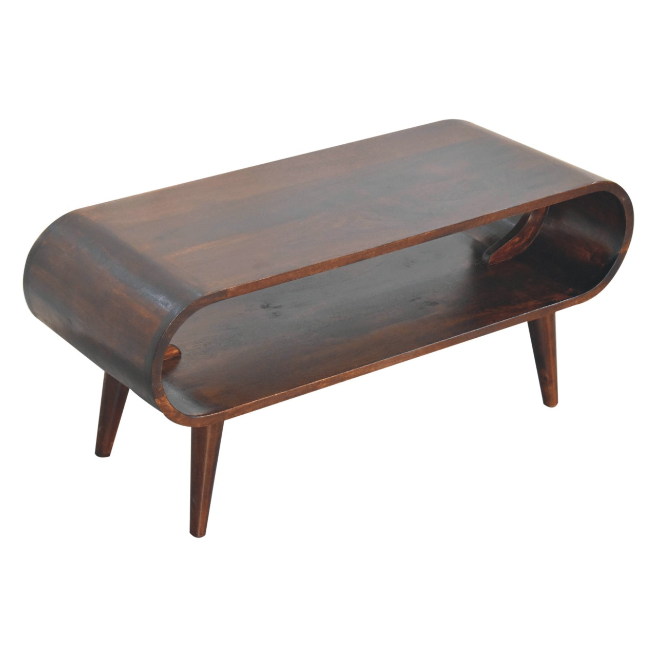 Amaya light walnut coffee table with Nordic legs and open shelf design. Detailed view