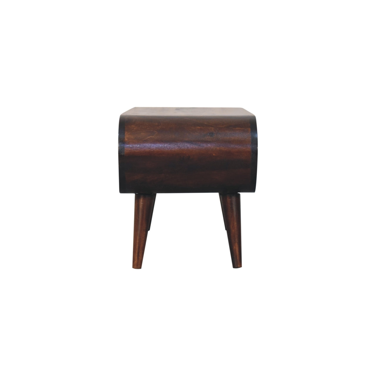 Amaya light walnut coffee table with Nordic legs and open shelf design. Corner view