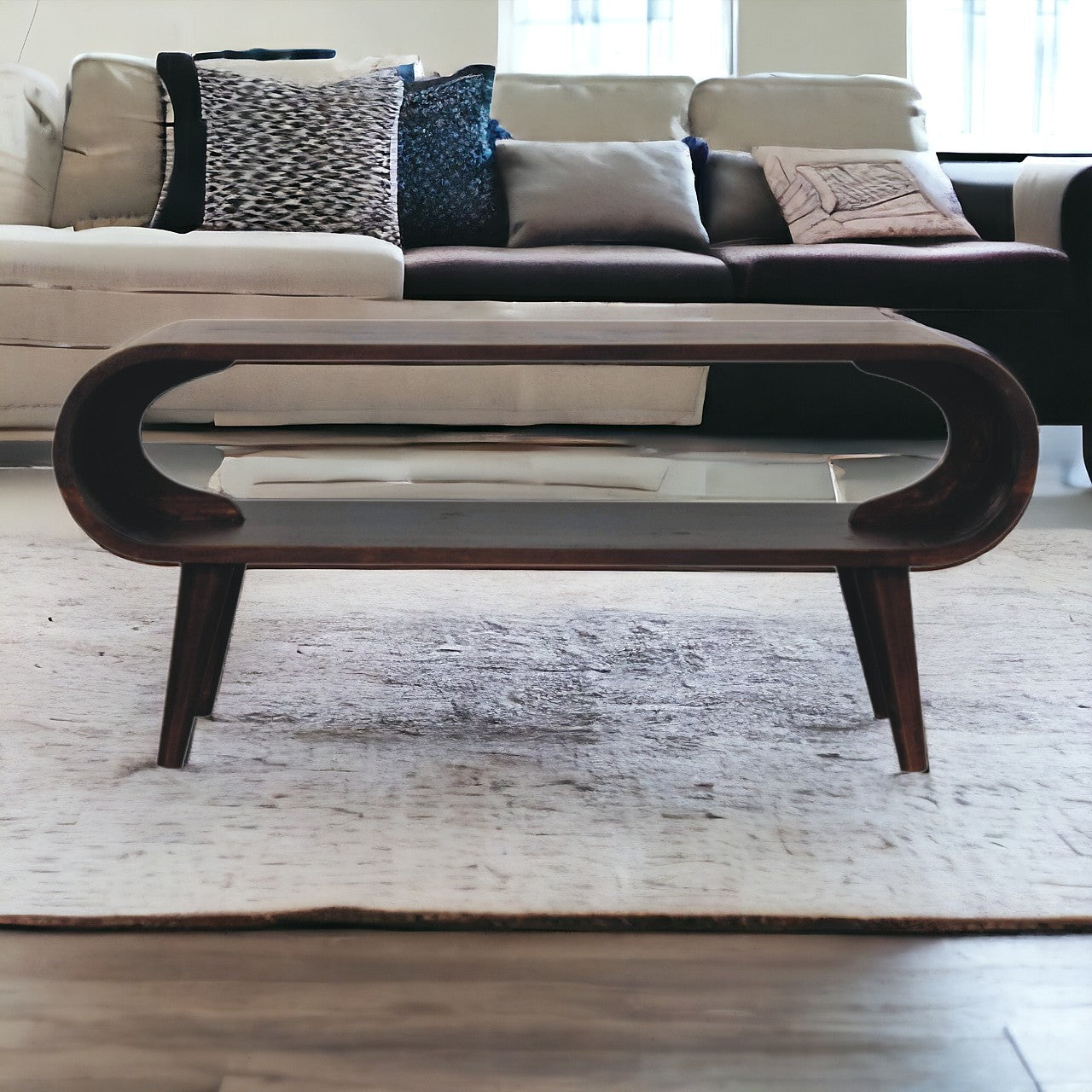 Amaya light walnut coffee table with Nordic legs and open shelf design. Detailed view in a living room