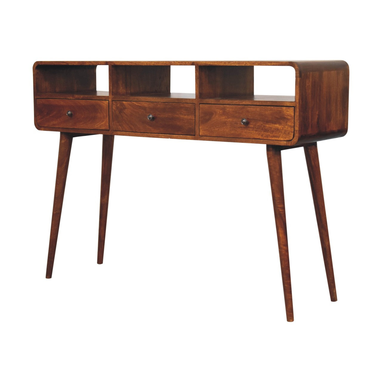 Extra Mini Curved Chestnut Bedside Table made from solid mango wood with one drawer and open lower shelf. Lateral view