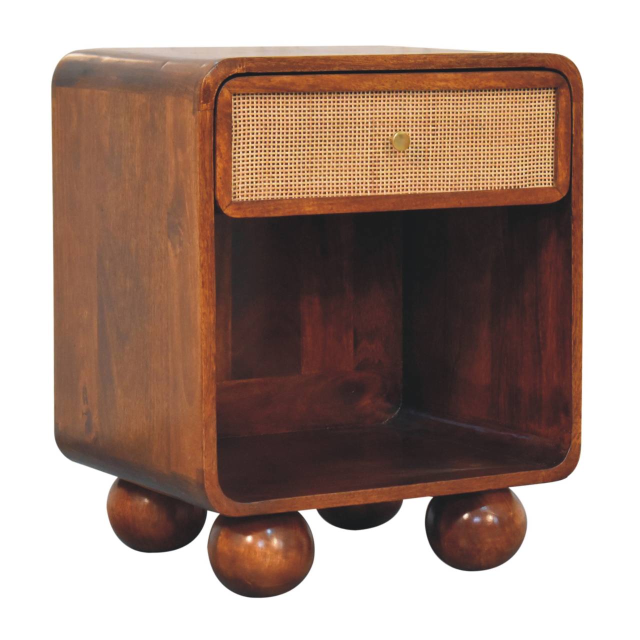 Chestnut woven chest with single drawer, shiny knob, and solid mango wood legs. Corner view