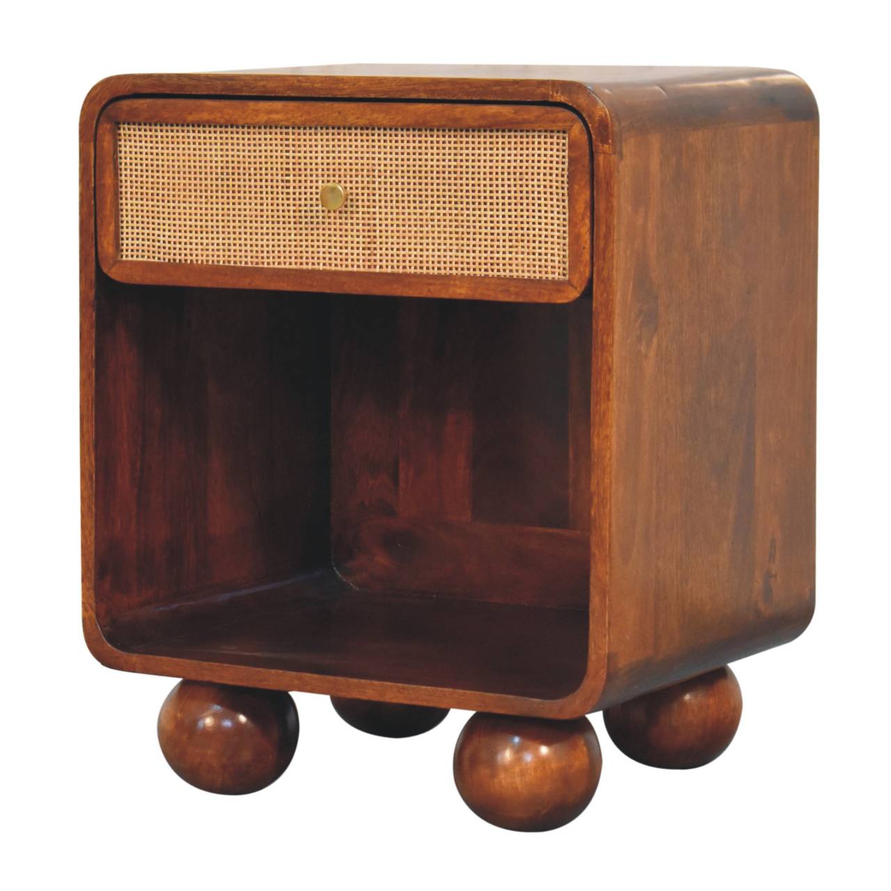 Chestnut woven chest with single drawer, shiny knob, and solid mango wood legs. Corner view