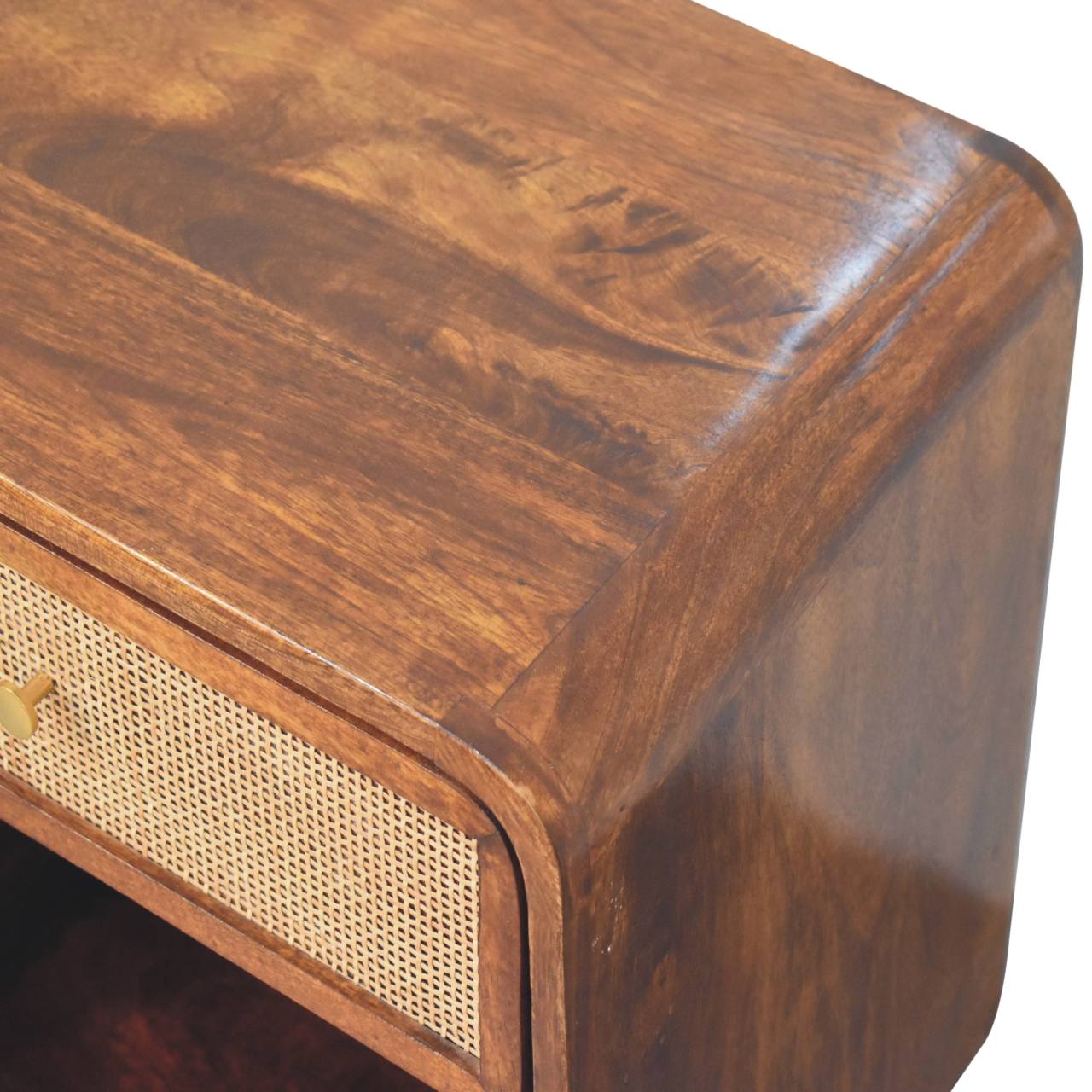 Chestnut woven chest with single drawer, shiny knob, and solid mango wood legs, Top view