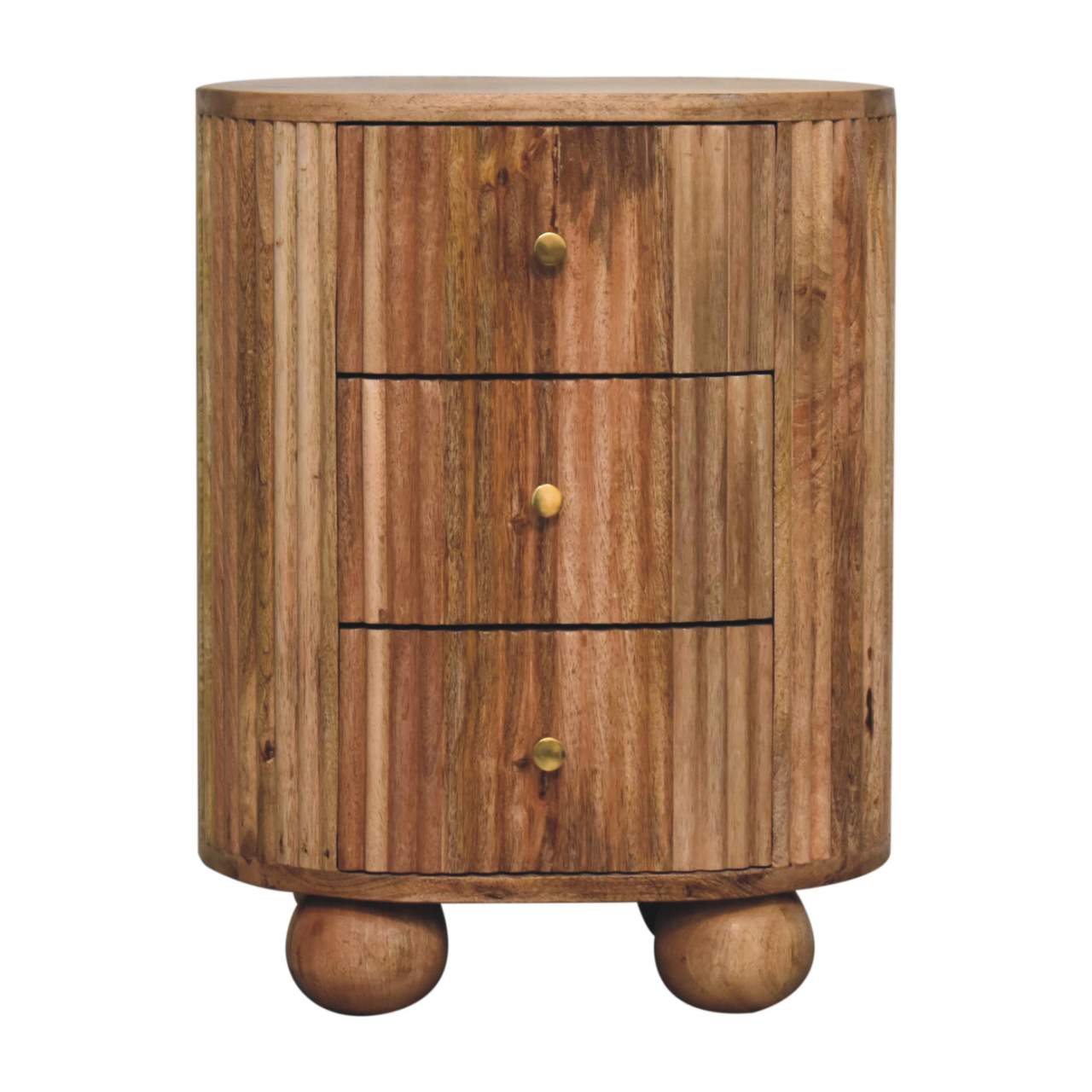 Soba Ball 3-Drawer Bedside Table made from solid mango wood with oak-ish finish and four ball feet