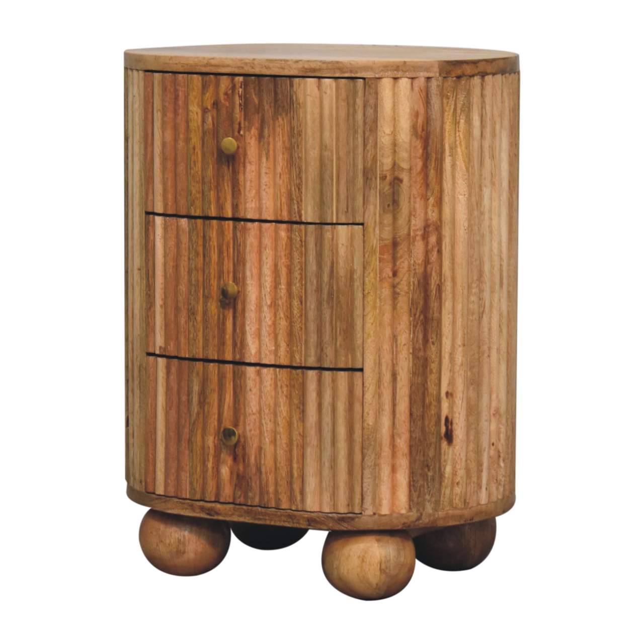 Soba Ball 3-Drawer Bedside Table made from solid mango wood with oak-ish finish and four ball feet. Lateral view