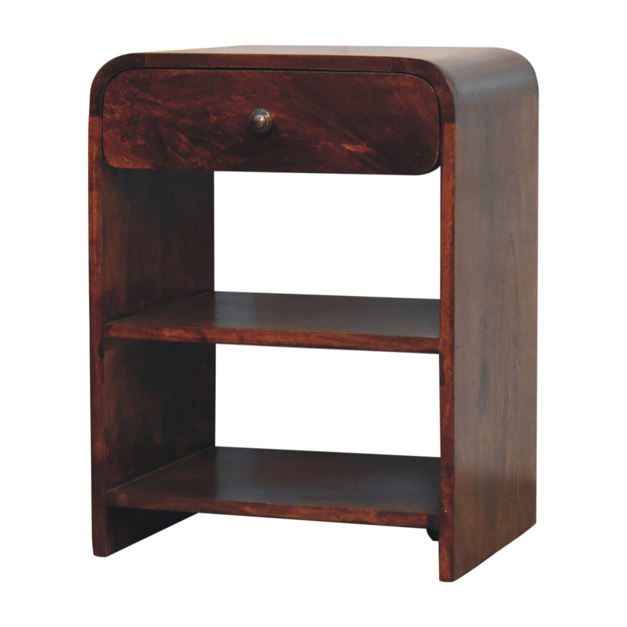 Aspen Open Bedside Table made from solid mango wood with one drawer and two open slots. Lateral view