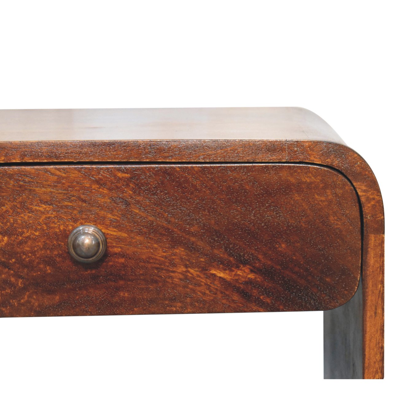 Aspen Open Bedside Table made from solid mango wood with one drawer and two open slots. Knob view