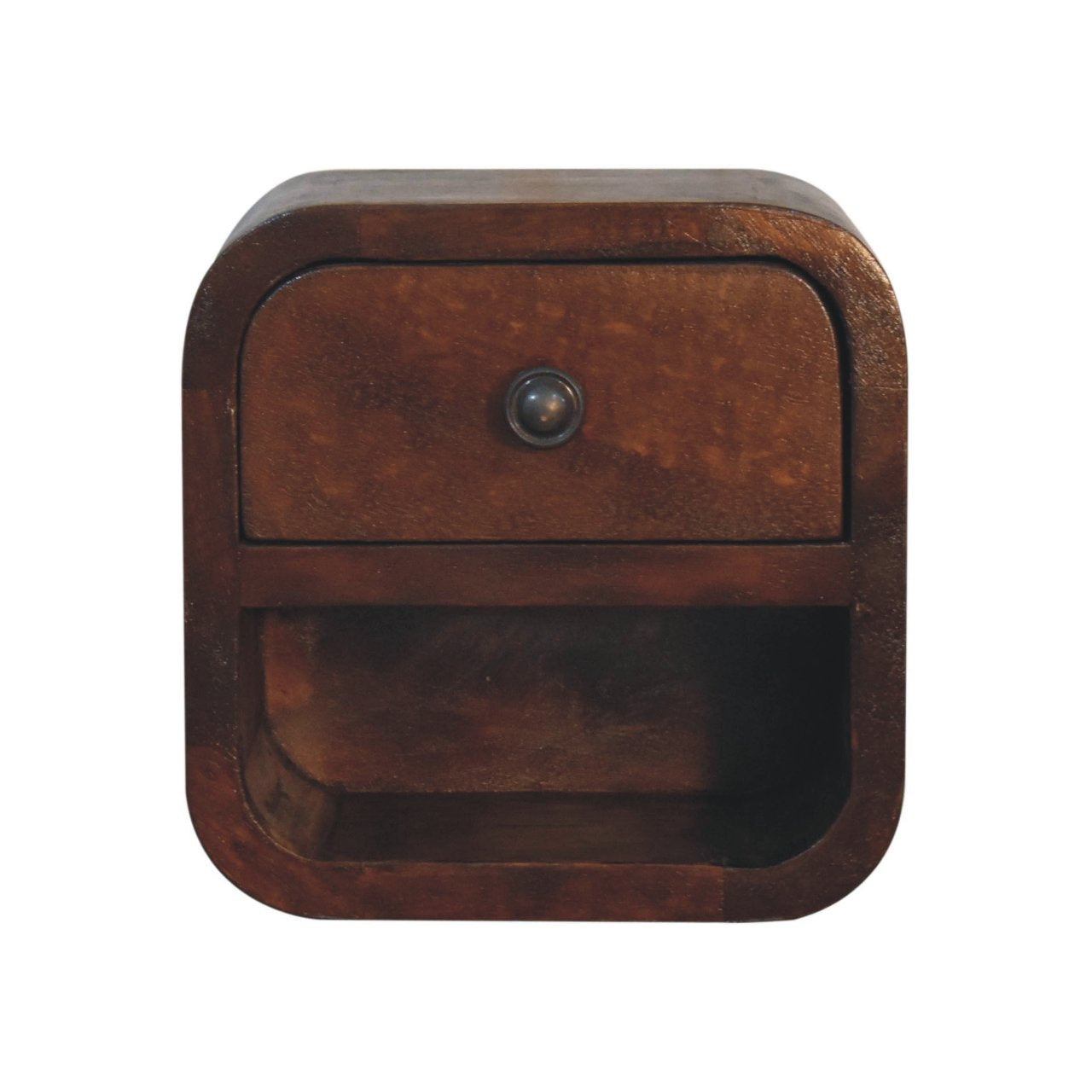 Extra Mini Curved Chestnut Bedside Table made from solid mango wood with one drawer and open lower shelf.