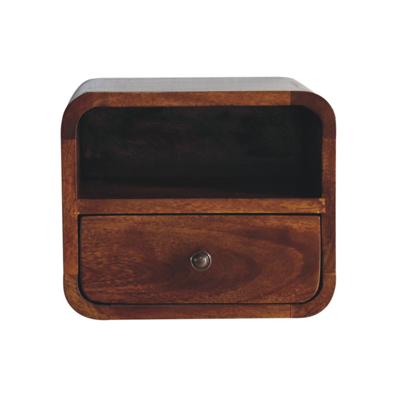 Extra Mini Wall-Mounted Curved Chestnut Nightstand. Small bedside shelf.