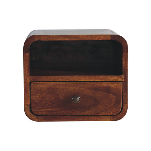 Extra Mini Wall-Mounted Curved Chestnut Nightstand. Small bedside shelf.