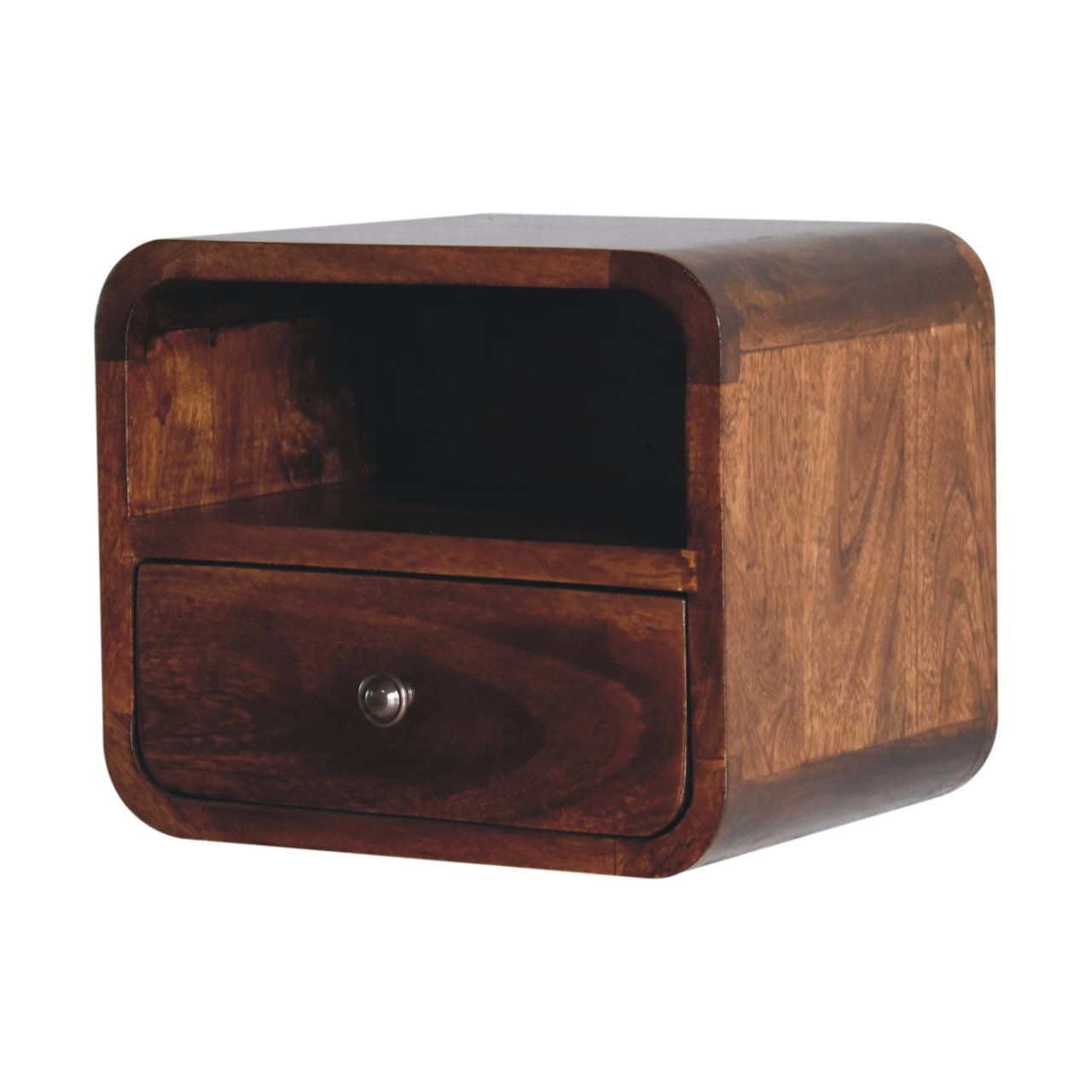 Extra Mini Wall-Mounted Curved Chestnut Nightstand. Small bedside shelf. Left lateral view