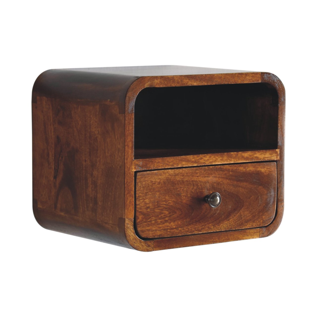 Extra Mini Wall-Mounted Curved Chestnut Nightstand. Small bedside shelf. Right lateral view