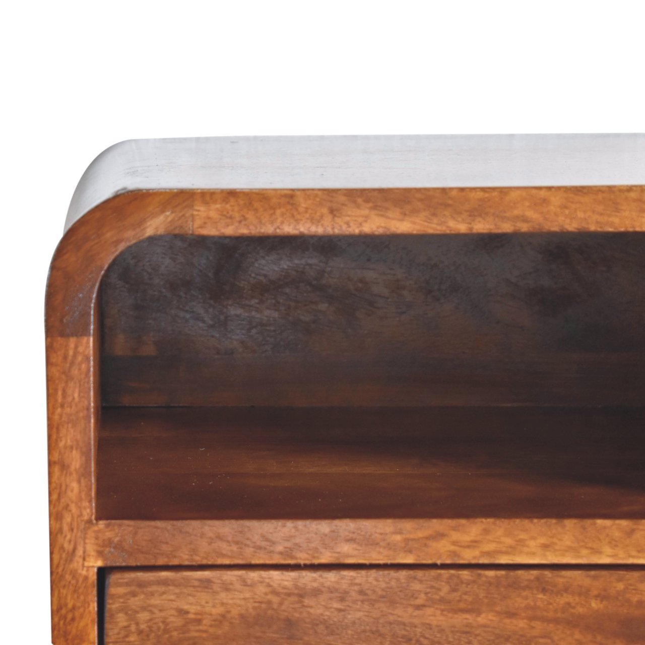 Extra Mini Wall-Mounted Curved Chestnut Nightstand. Small bedside shelf. Open slot view