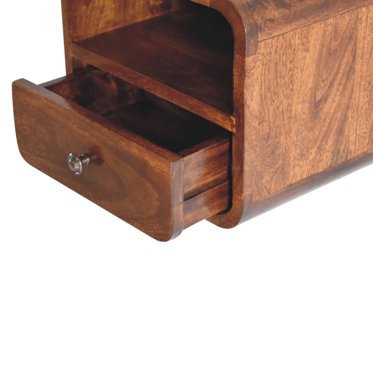 Extra Mini Wall-Mounted Curved Chestnut Nightstand. Small bedside shelf. Open drawer view