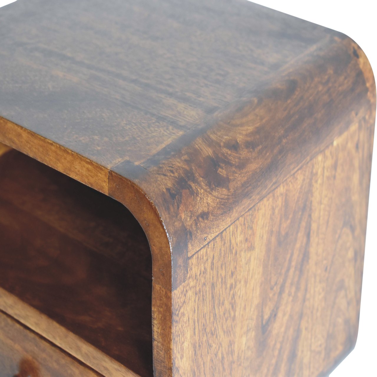 Extra Mini Wall-Mounted Curved Chestnut Nightstand. Small bedside shelf. Top corner view
