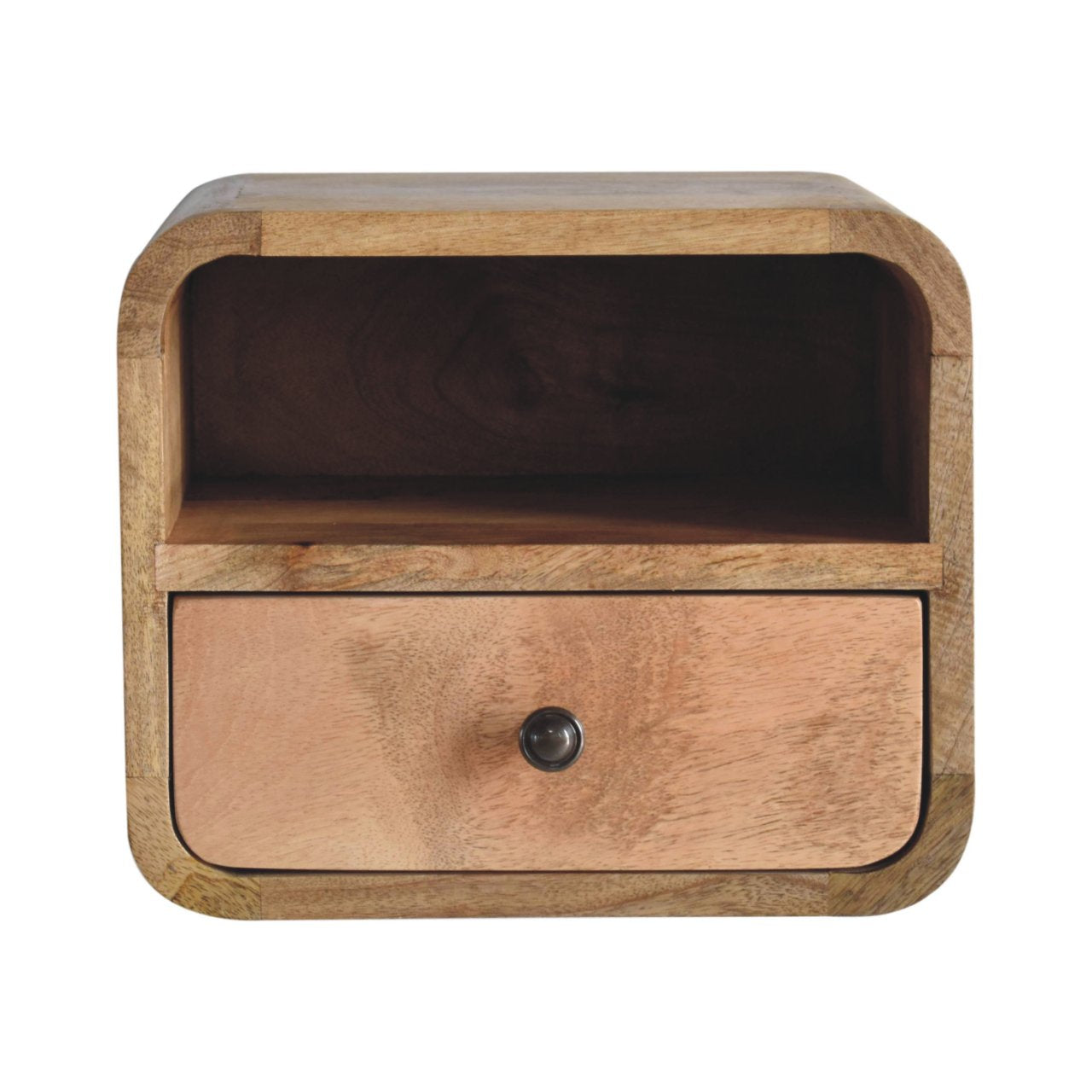 Extra Mini Wall Mounted Curved Oak-ish Bedside Table with one drawer and open lower shelf, solid mango wood.