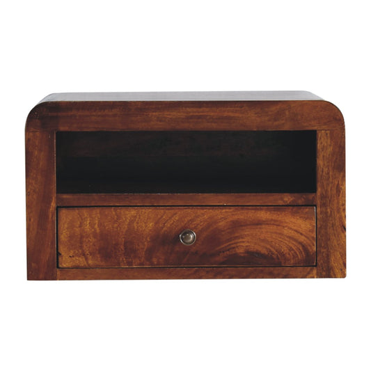 Chunky Wall Mounted Curved Chestnut Bedside Unit made from solid mango wood with one drawer and open shelf