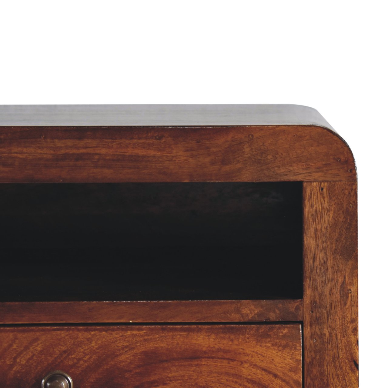 Chunky Wall Mounted Curved Chestnut Bedside Unit made from solid mango wood with one drawer and open shelf. Shelve view