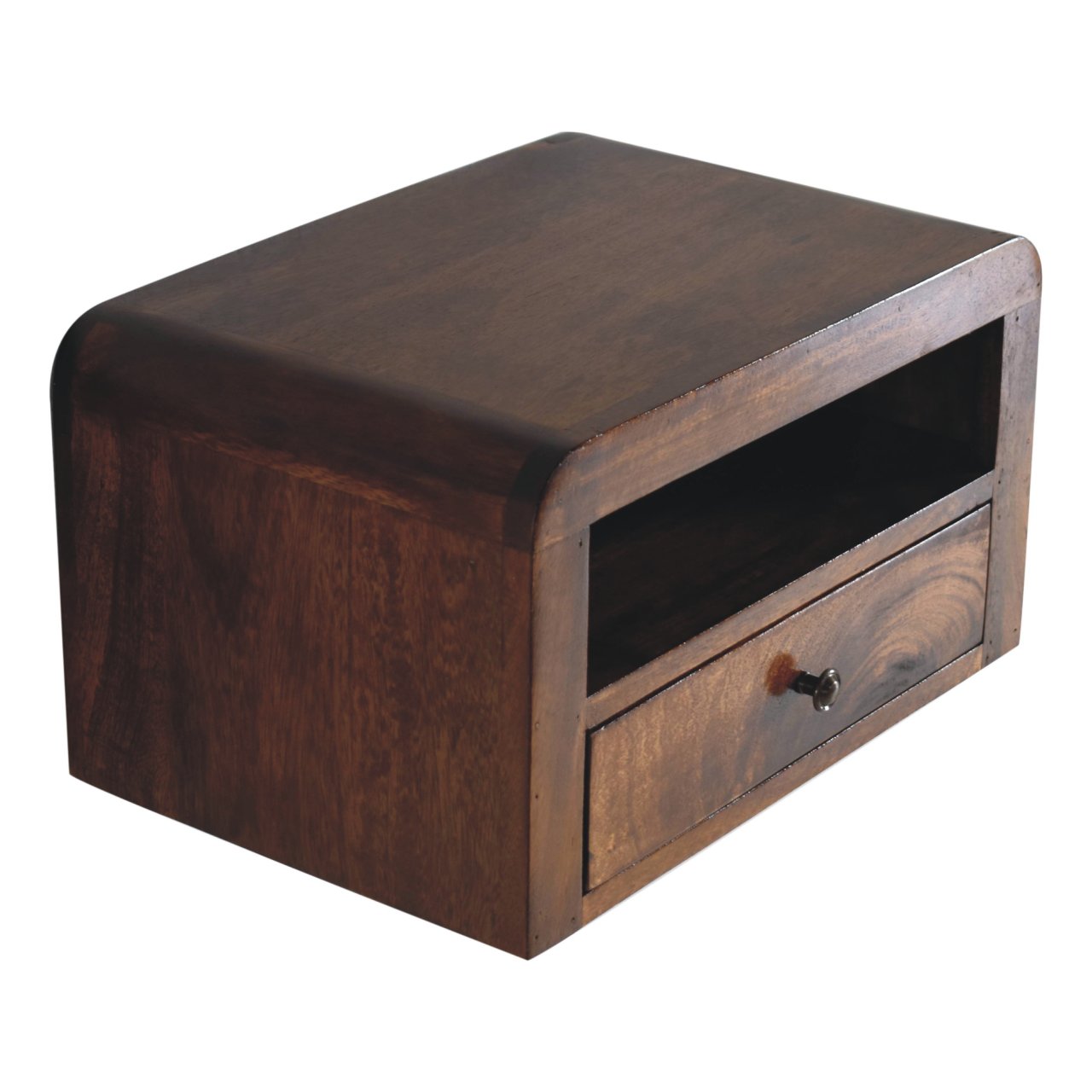 Chunky Wall Mounted Curved Chestnut Bedside Unit made from solid mango wood with one drawer and open shelf. Top view