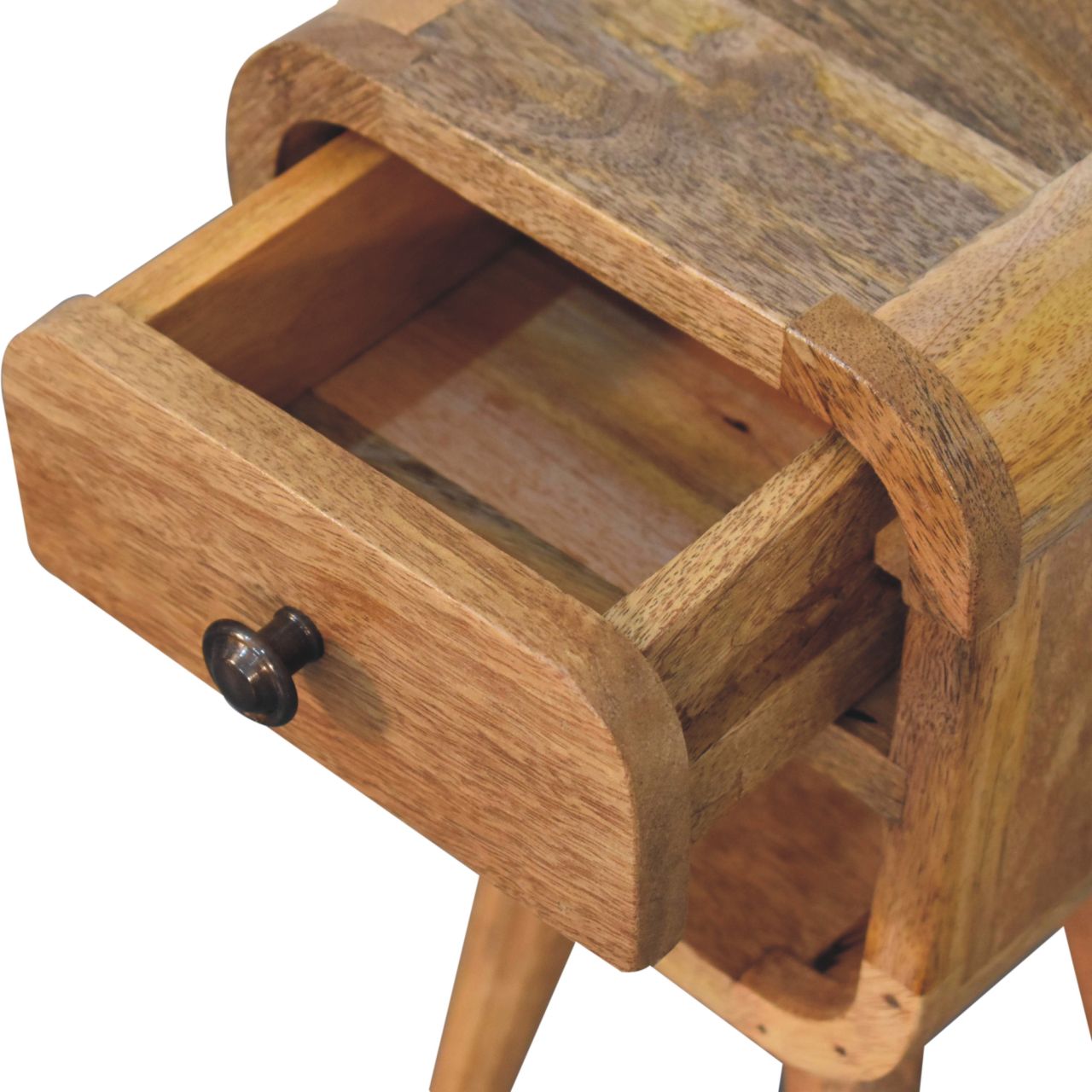 Extra Mini Oak-ish Curve Lower Bedside – modern small bedside table-drawer view