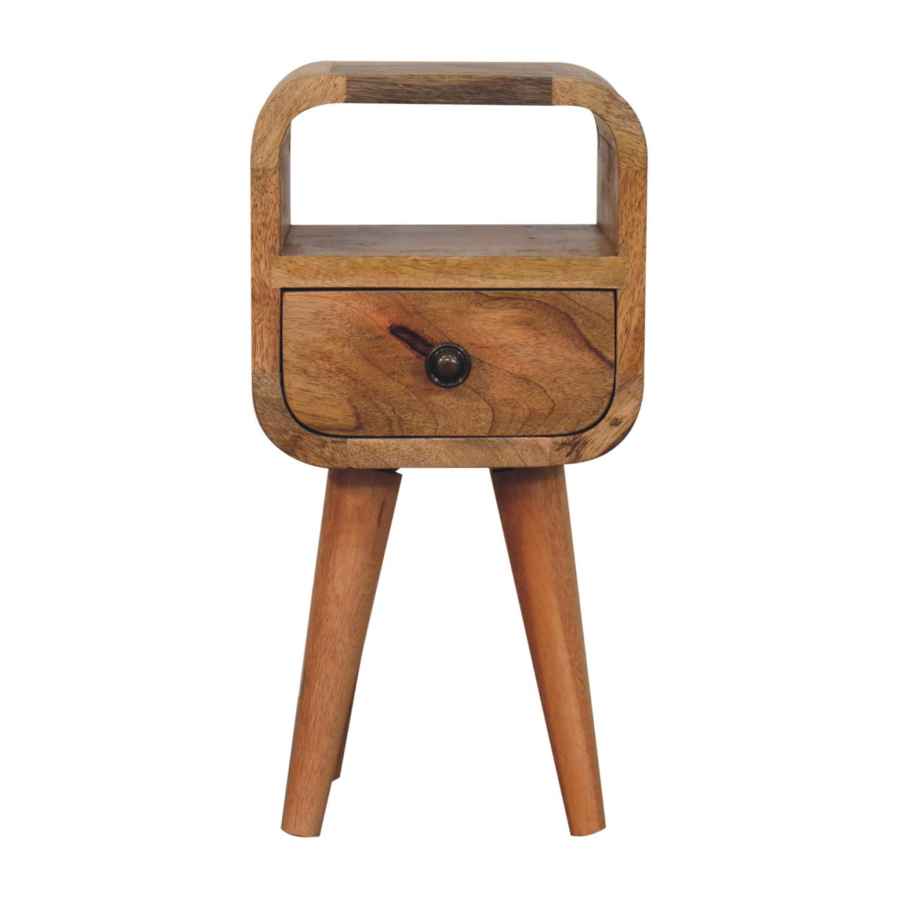 Extra Mini Oak-ish Bedside Table made from solid mango wood with one drawer, open slot, and Nordic-style legs