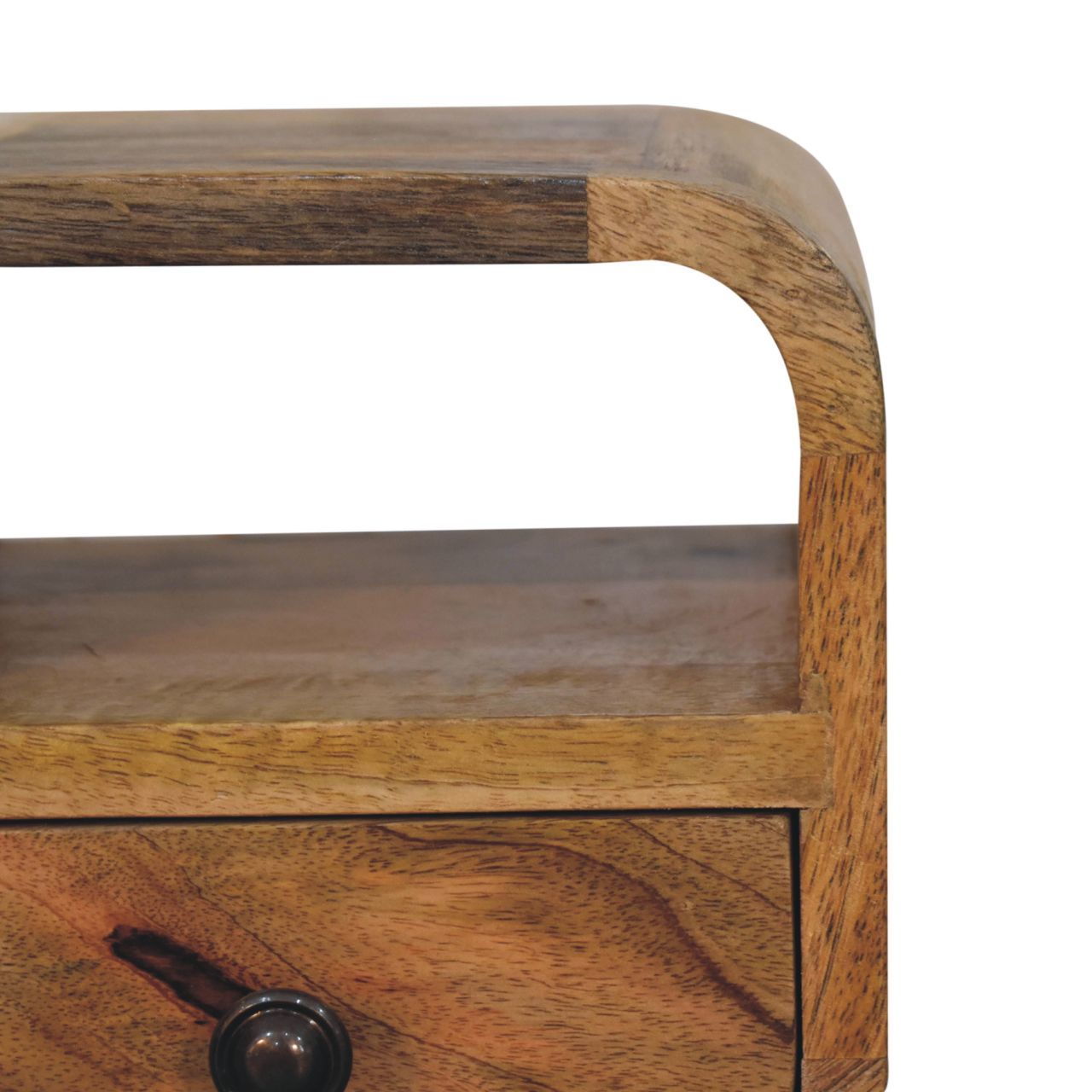 Extra Mini Oak-ish Bedside Table made from solid mango wood with one drawer, open slot, and Nordic-style legs. Open slot view