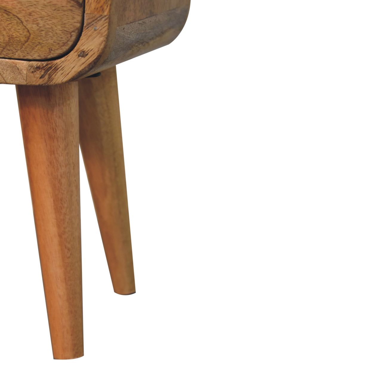 Extra Mini Oak-ish Bedside Table made from solid mango wood with one drawer, open slot, and Nordic-style legs. Leg view