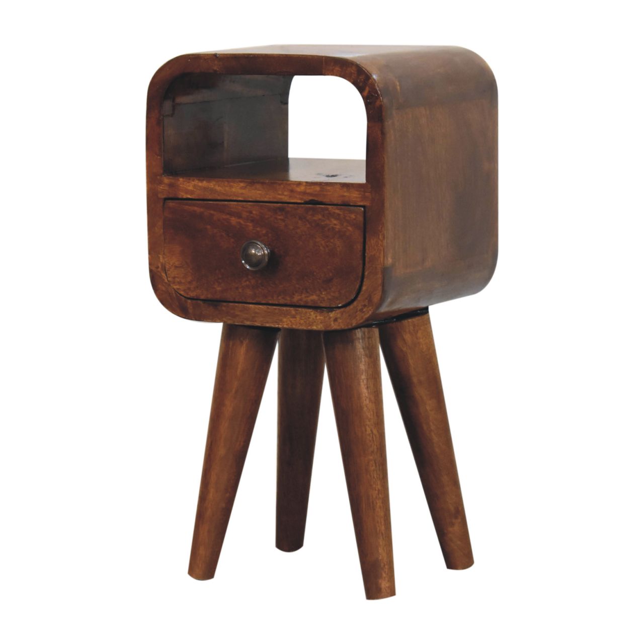 Mini bedside table in oak finish with curved edges, one drawer, open storage slot, and Nordic-style legs. Side view