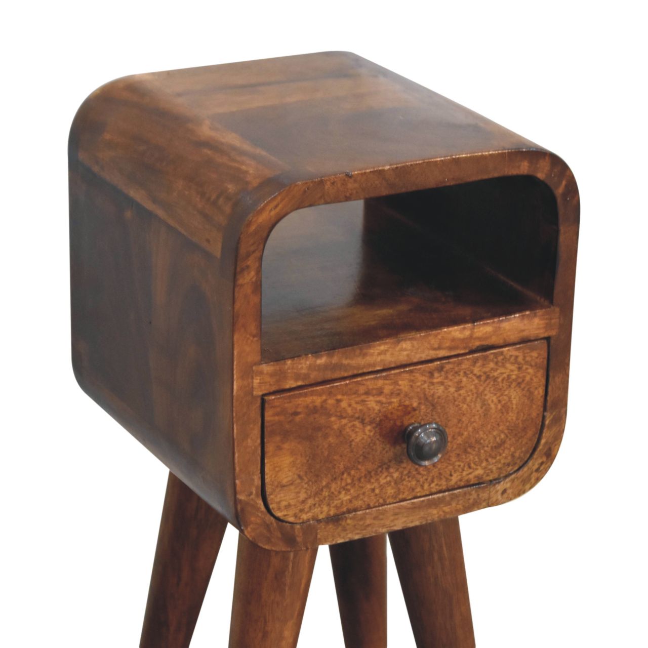 Mini bedside table in oak finish with curved edges, one drawer, open storage slot, and Nordic-style legs. Detailed view