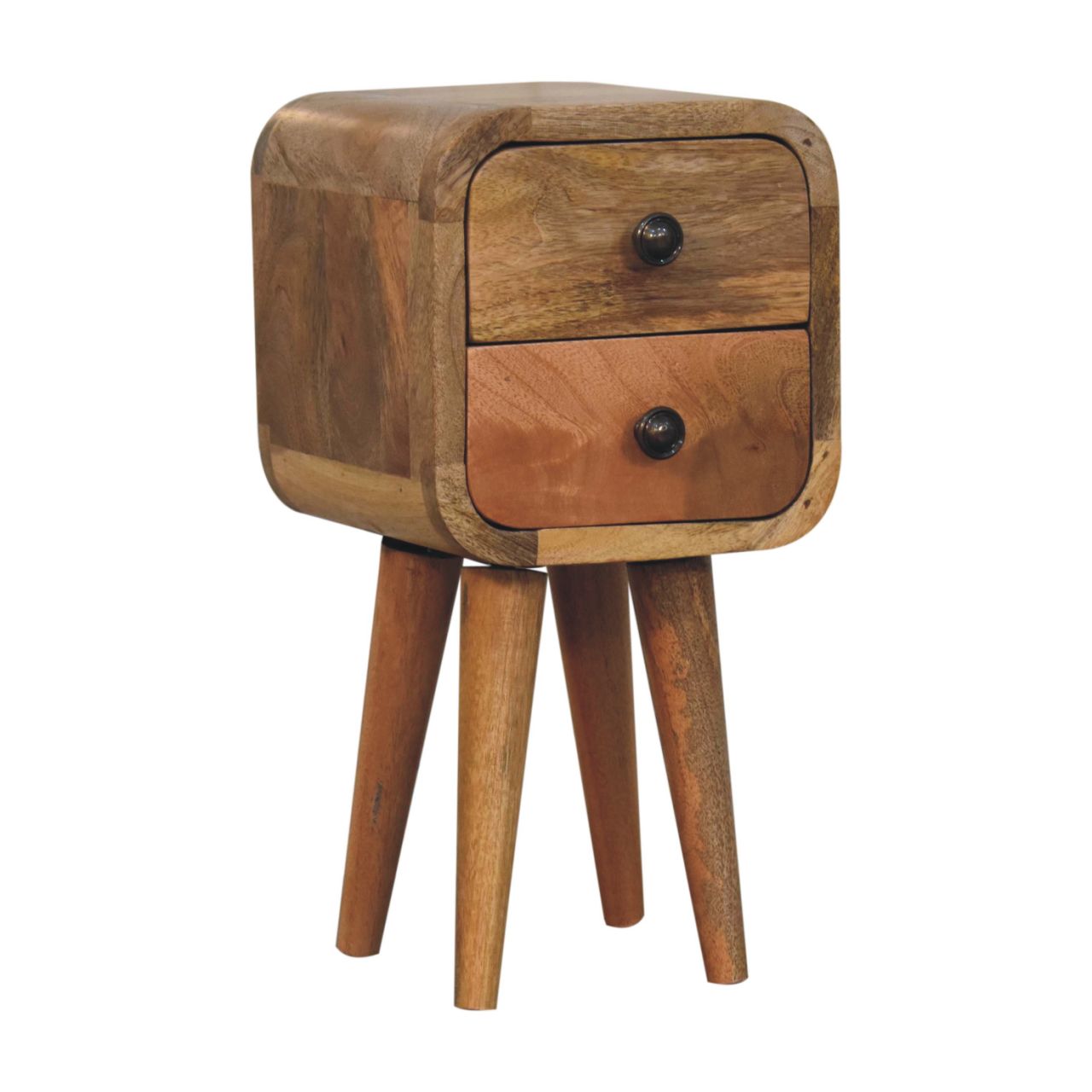 Extra Mini Curved Oak-ish Bedside Table made from solid mango wood with two drawers and Nordic-style legs. Detailed full view