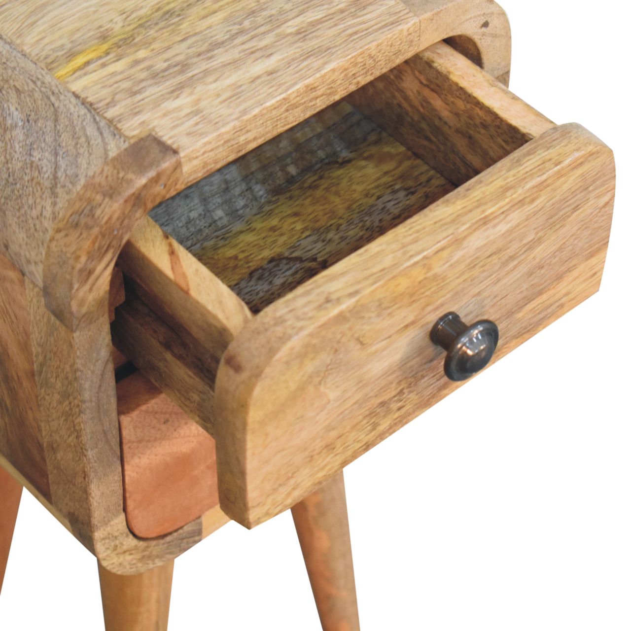 Extra Mini Curved Oak-ish Bedside Table made from solid mango wood with two drawers and Nordic-style legs. Opened drawer view