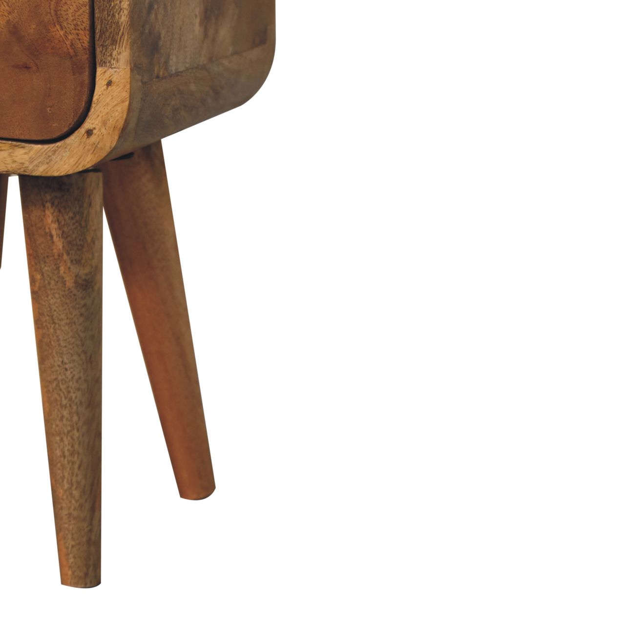 Extra Mini Curved Oak-ish Bedside Table made from solid mango wood with two drawers and Nordic-style legs. Leg view