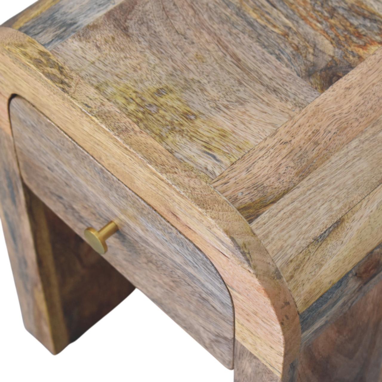 Mini Darcy Oak-ish Nightstand with a single drawer, brass knob, and curved edges. Top view