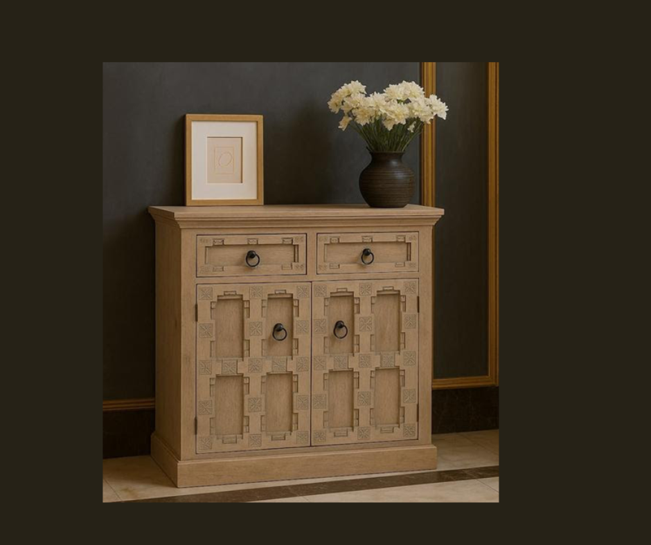 Stone Acid Wash Glazed Sideboard made from solid mango wood with four drawers and four glazed doors. Flower vase and a frame   on top of the board