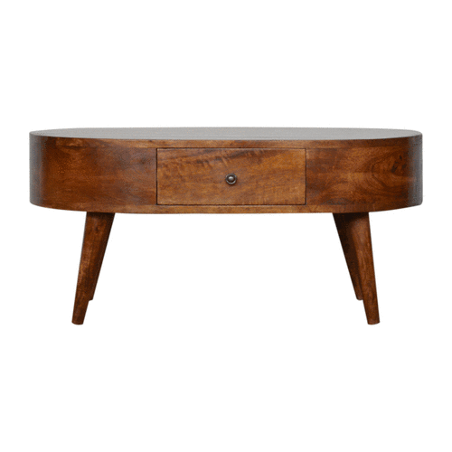 Chestnut Rounded Coffee Table made from solid mango wood with one drawer and Nordic-style legs. GIF