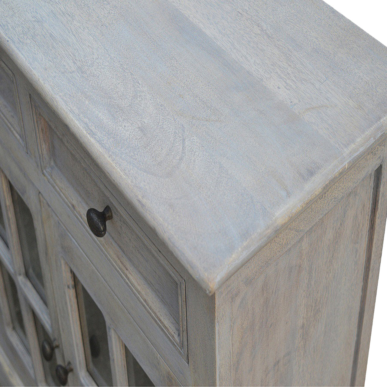 Stone Acid Wash Glazed Sideboard made from solid mango wood with four drawers and four glazed doors. Top view