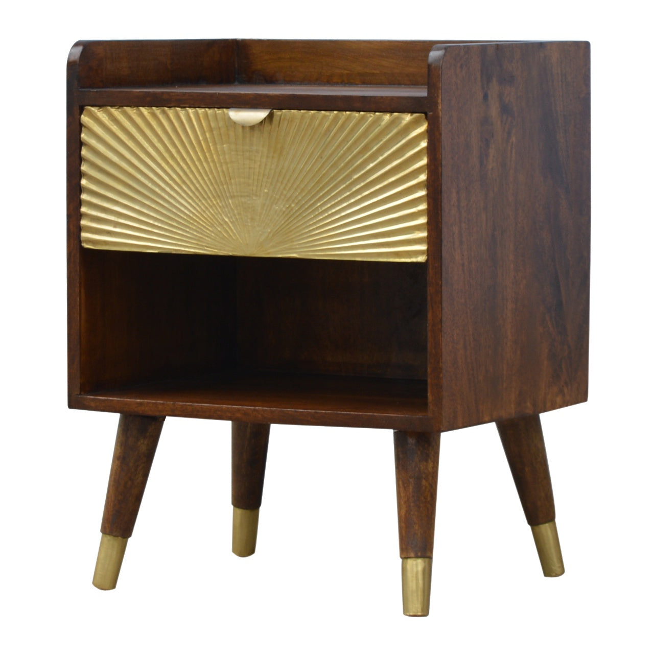 Manila Gold Chestnut Nightstand with brass plated drawer, open slot, and Nordic style legs. Side view