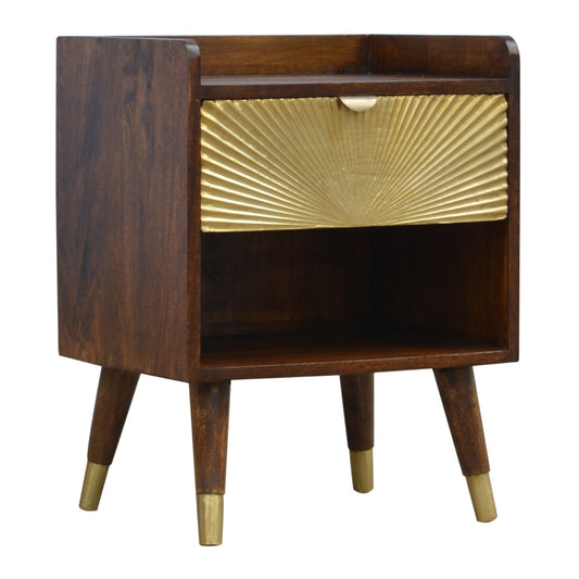 Manila Gold Chestnut Nightstand with brass plated drawer, open slot, and Nordic style legs