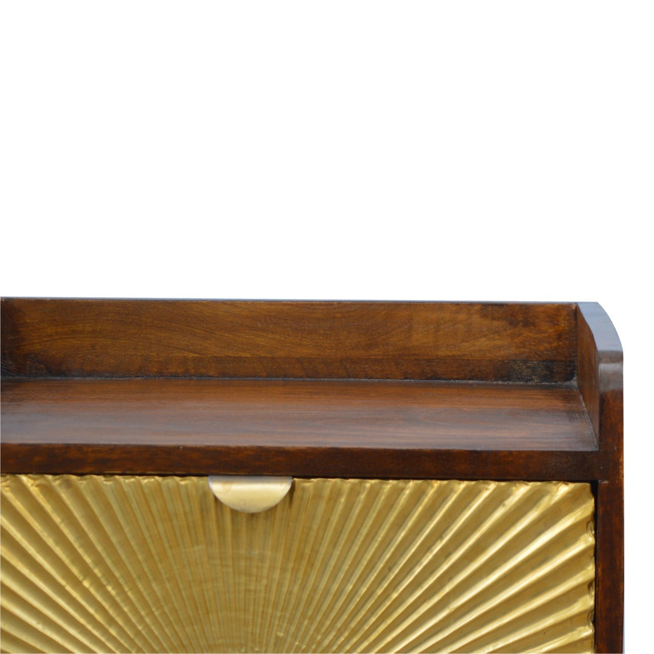 Manila Gold Chestnut Nightstand with brass plated drawer, open slot, and Nordic style legs. Top view 