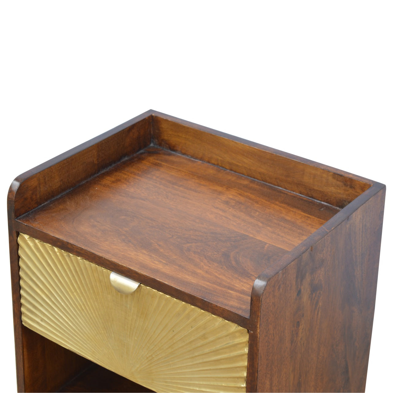 Manila Gold Chestnut Nightstand with brass plated drawer, open slot, and Nordic style legs. Top view