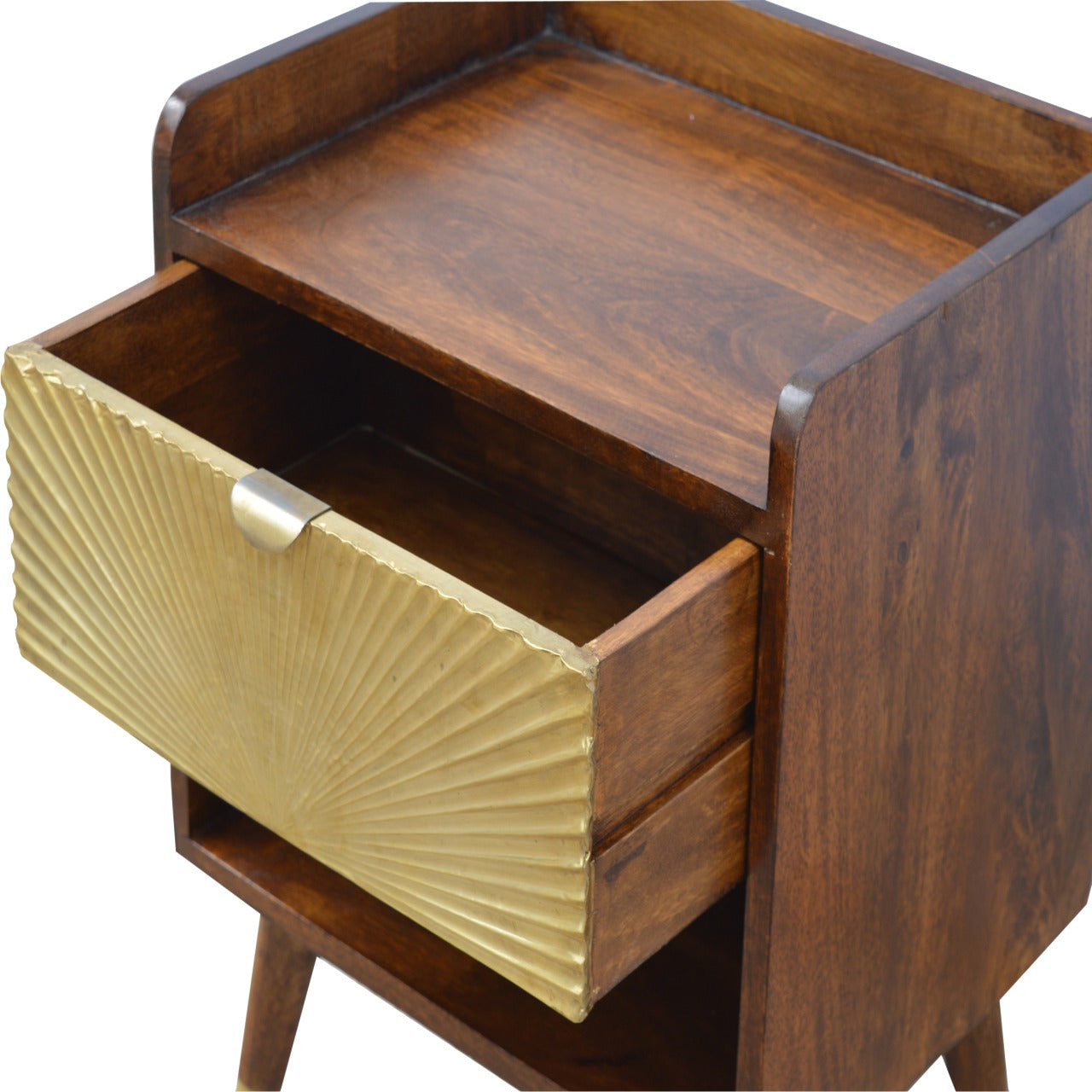 Manila Gold Chestnut Nightstand with brass plated drawer, open slot, and Nordic style legs. Opened drawer