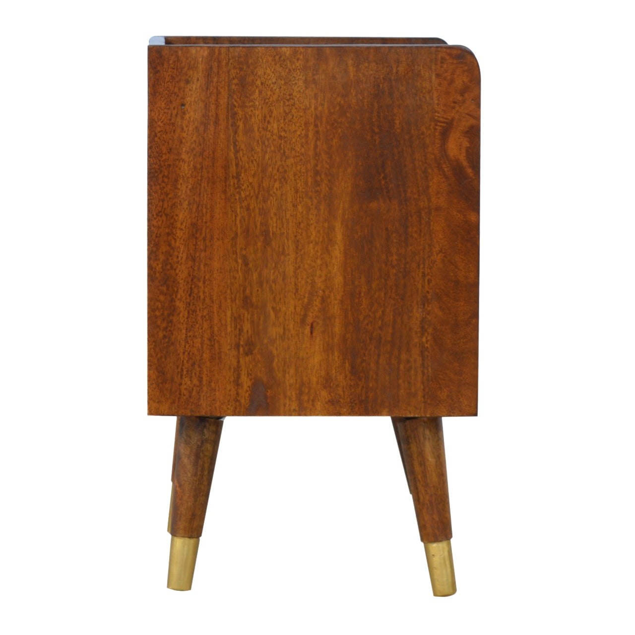 Manila Gold Chestnut Nightstand with brass plated drawer, open slot, and Nordic style legs. Side view