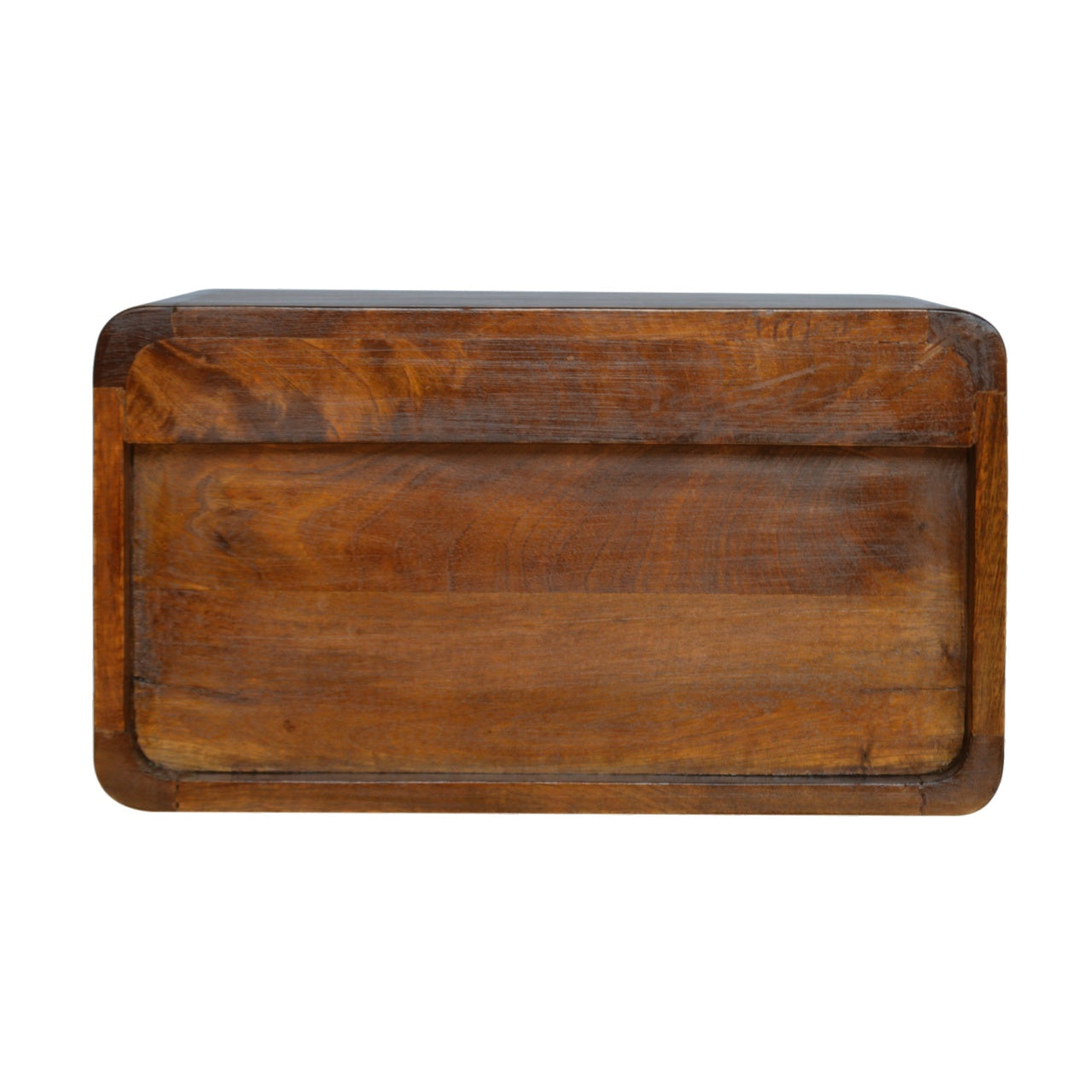 Floating chestnut nightstand with curved edges, wall-mounted modern design. bottom view