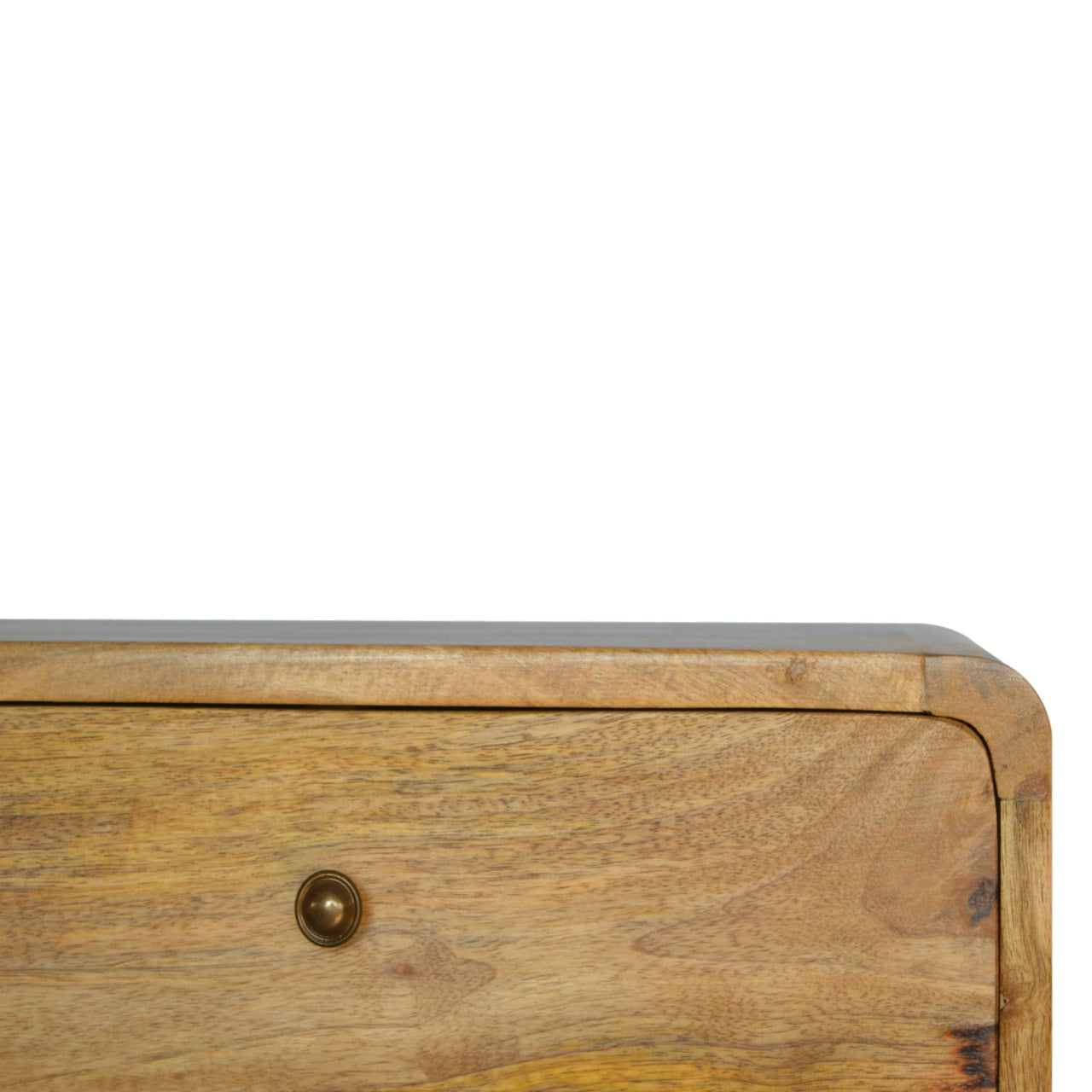 Oak-ish 2 Drawer Floating Nightstand with 2 drawers, shiny knobs, wall-mounted design, and solid mango wood.. Knob view