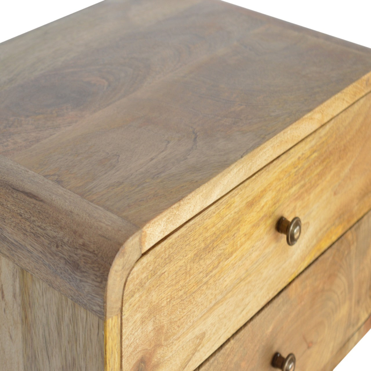Oak-ish 2 Drawer Floating Nightstand with 2 drawers, shiny knobs, wall-mounted design, and solid mango wood.. Top view