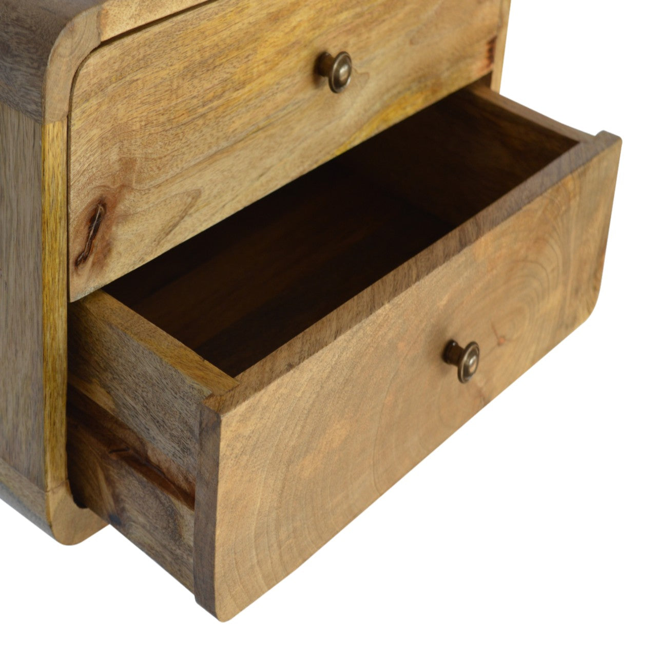 Oak-ish 2 Drawer Floating Nightstand with 2 drawers, shiny knobs, wall-mounted design, and solid mango wood. Opened drawer view