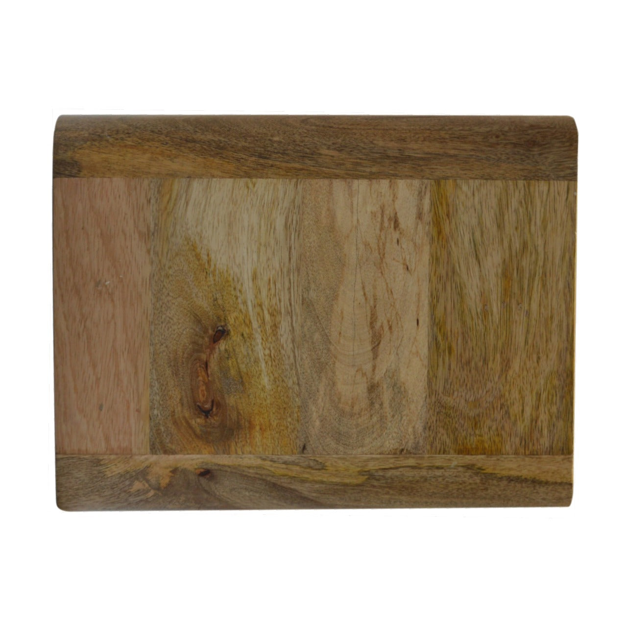 Oak-ish 2 Drawer Floating Nightstand with 2 drawers, shiny knobs, wall-mounted design, and solid mango wood. Side view