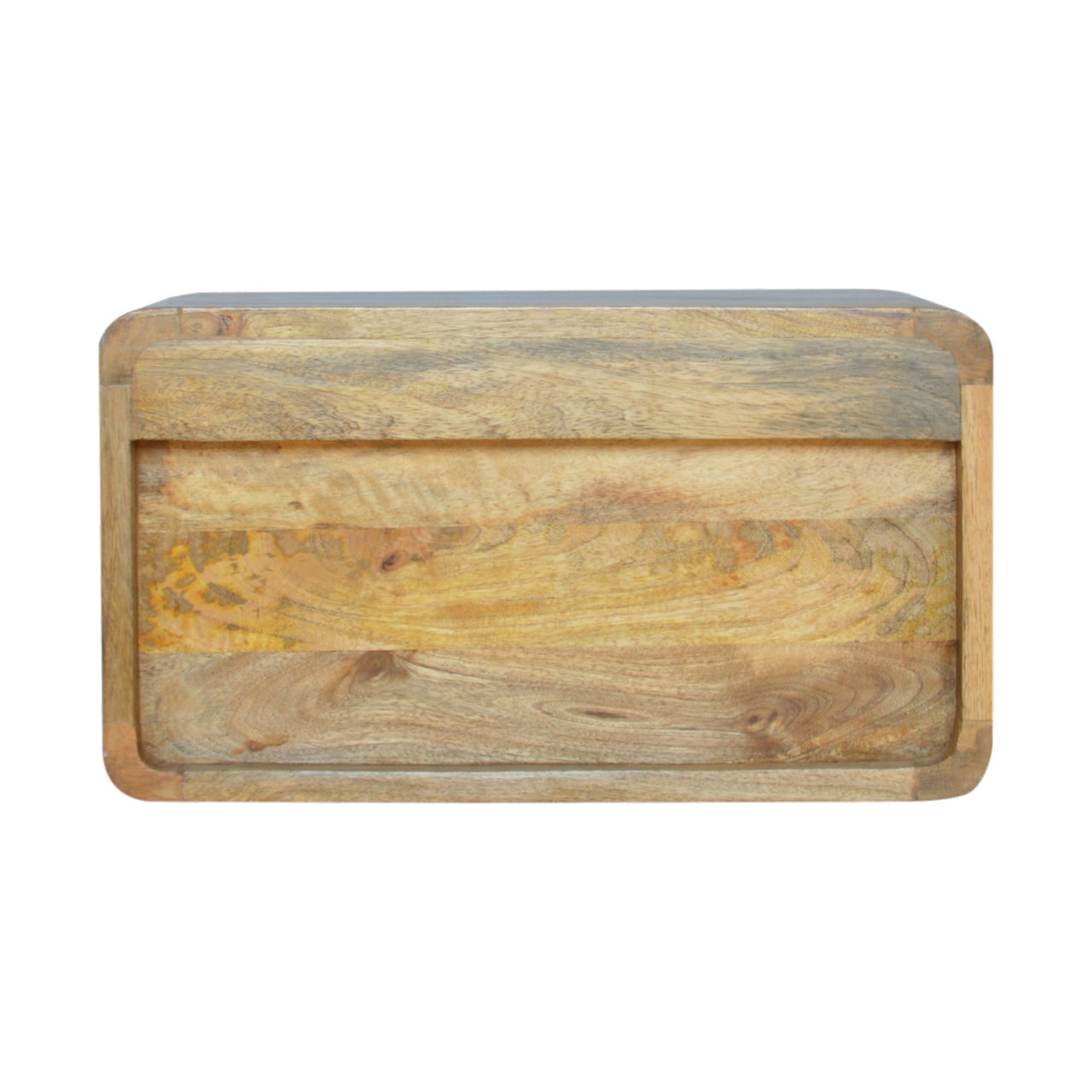 Oak-ish 2 Drawer Floating Nightstand with 2 drawers, shiny knobs, wall-mounted design, and solid mango wood.. Bottom view