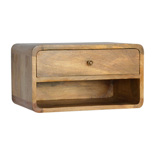 Floating Curve Open Slot Nightstand with one drawer and open shelf, made from solid mango wood