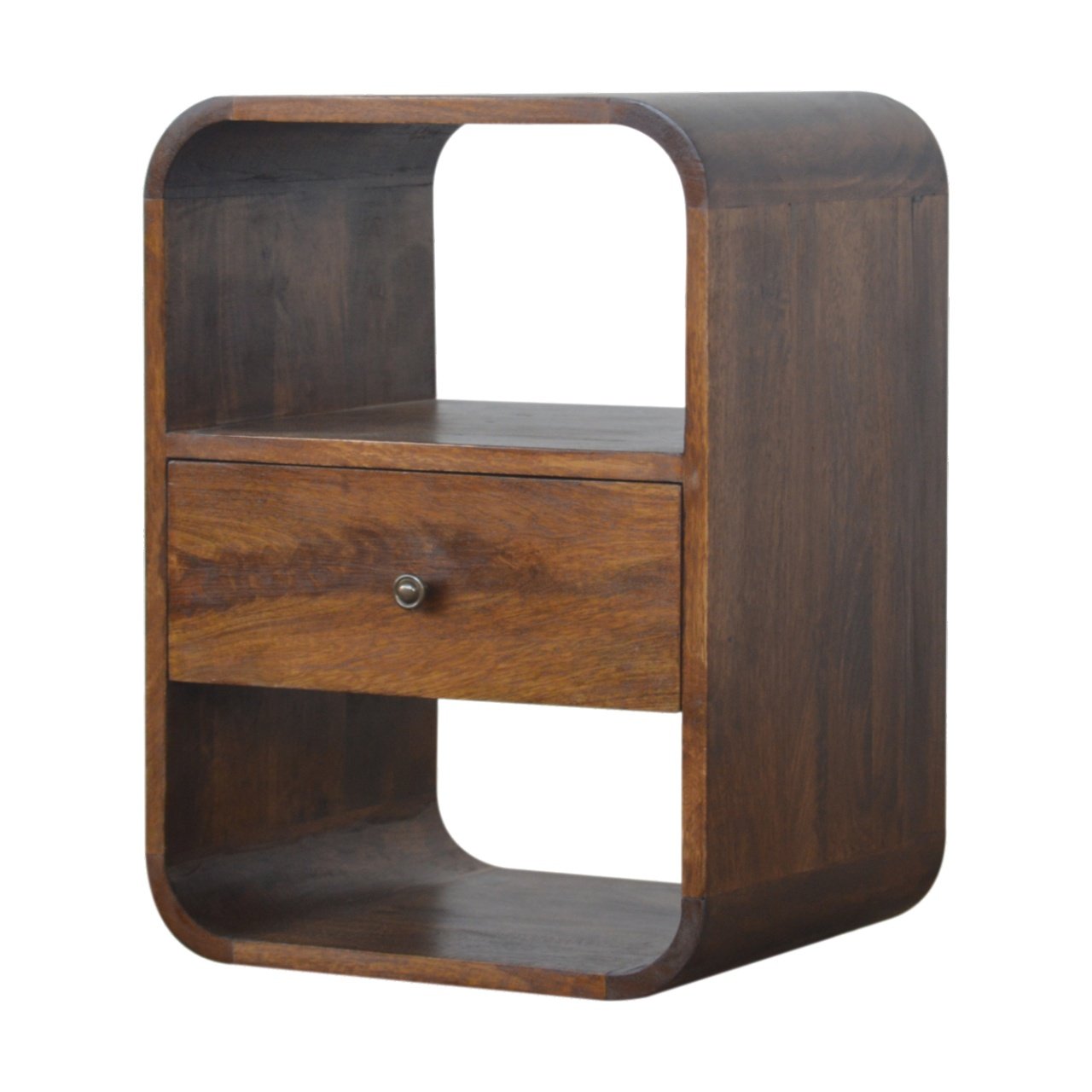 Chestnut Curved Edge Nightstand made from solid mango wood with drawer and two open storage slots. Tilted side view